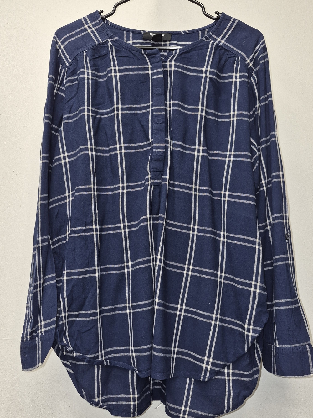 Nine West Navy and White Plaid Button-Down Shirt